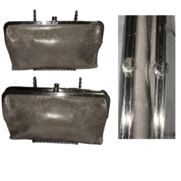 HOBO THE ORIGINAL Lauren Double Frame Clutch Wallet Gray Distressed Leather - Picture 1 of 9